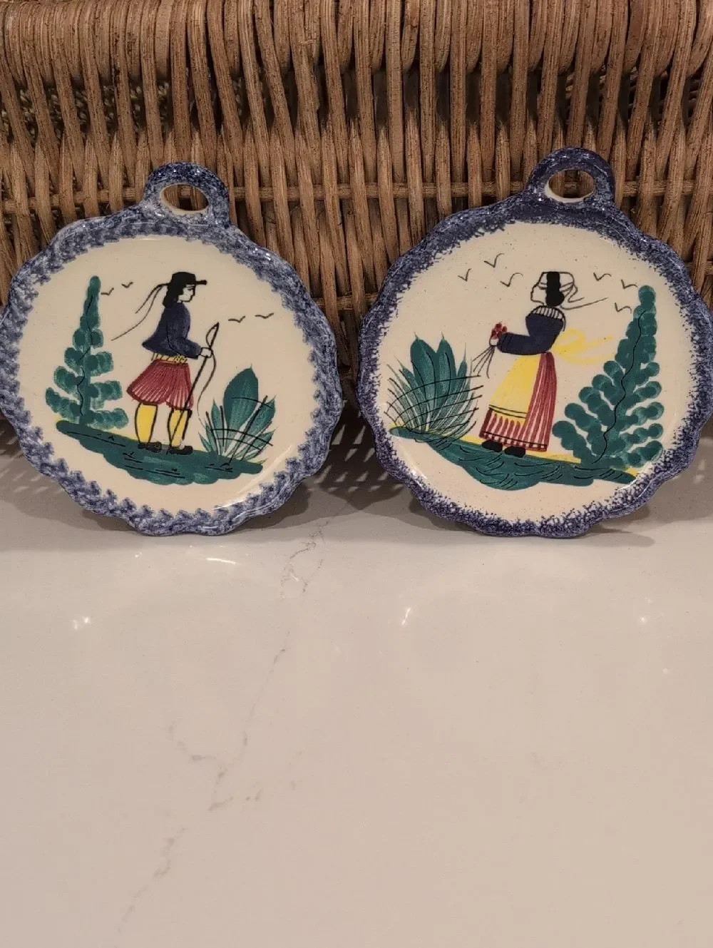 Henriot Quimper Pottery Dish Wall Plaque Breton Woman & Man France Set of 2